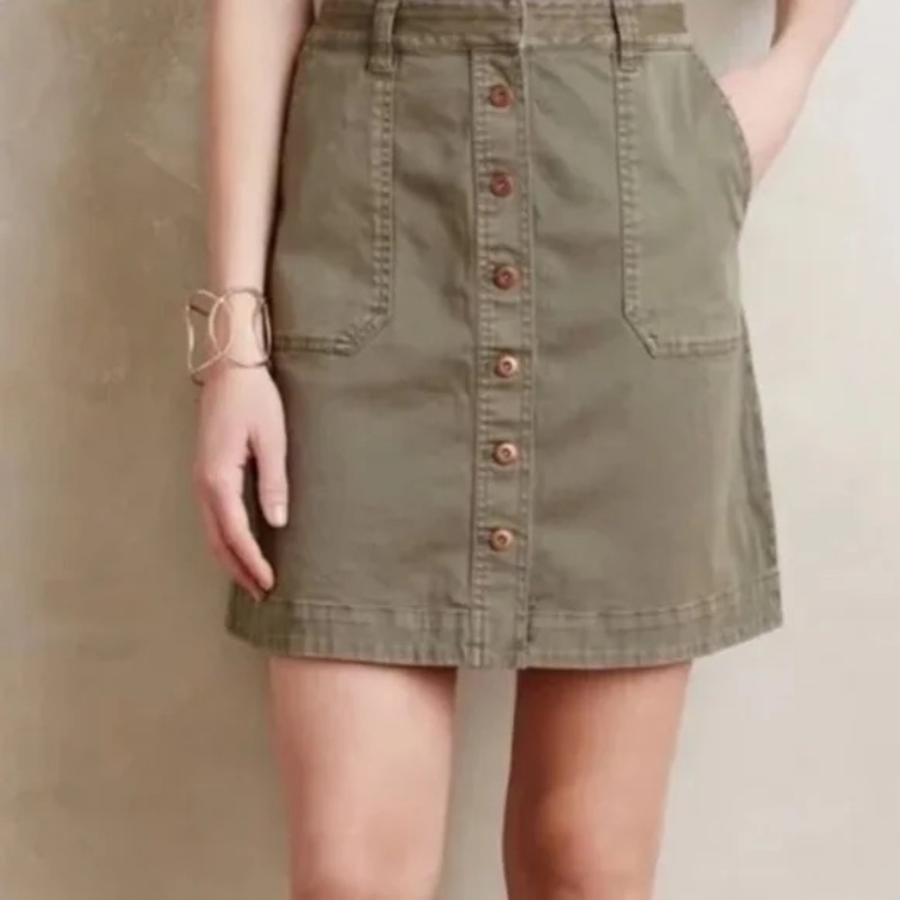 Anthropologie Pilcro Army Green Chino Button Down Skirt Size 2 Utility Casual